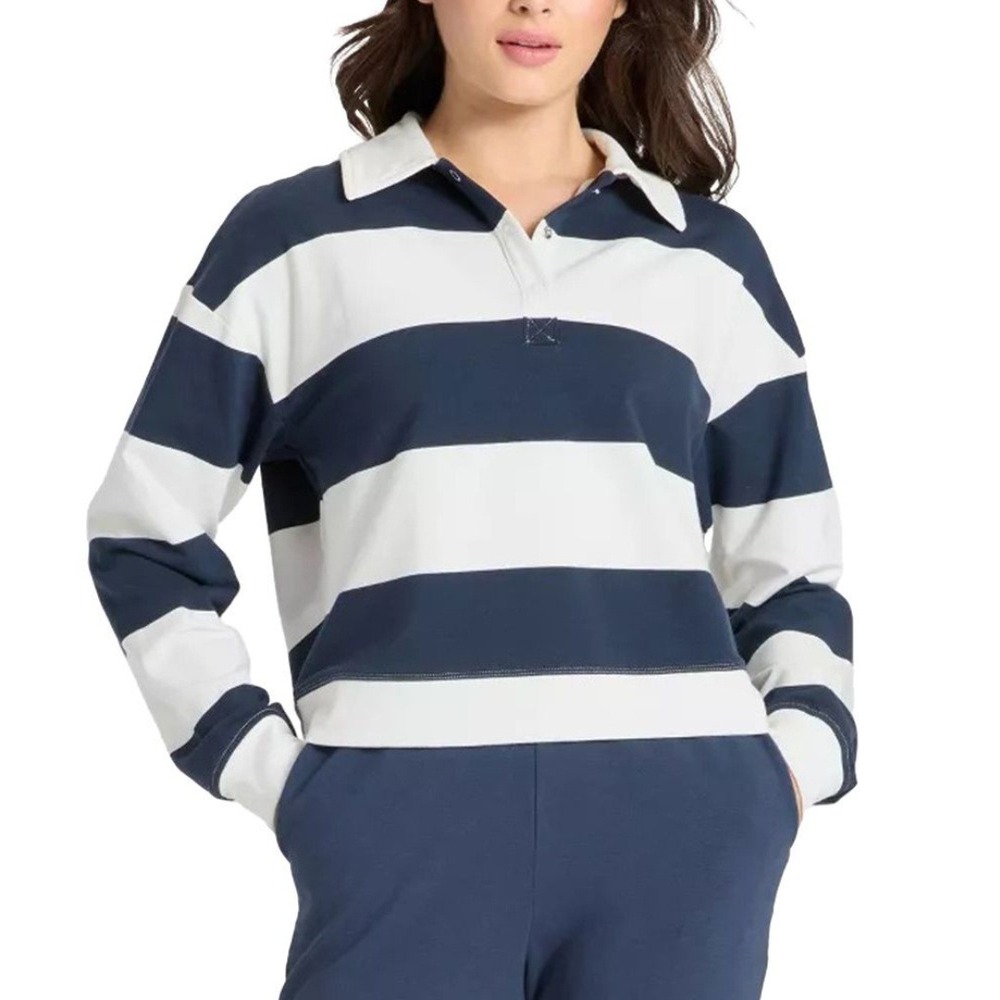 All‎ in Motion Women's Navy Striped Modal French Terry Polo Sweatshirt Size XXL